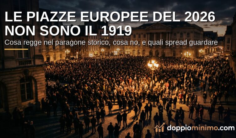 Folla in una piazza europea al tramonto: le proteste del 2026 e il paragone con il 1919